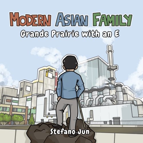 Stefano stands with his back to us, looking at a paper mill in Grande Prairie, Alberta