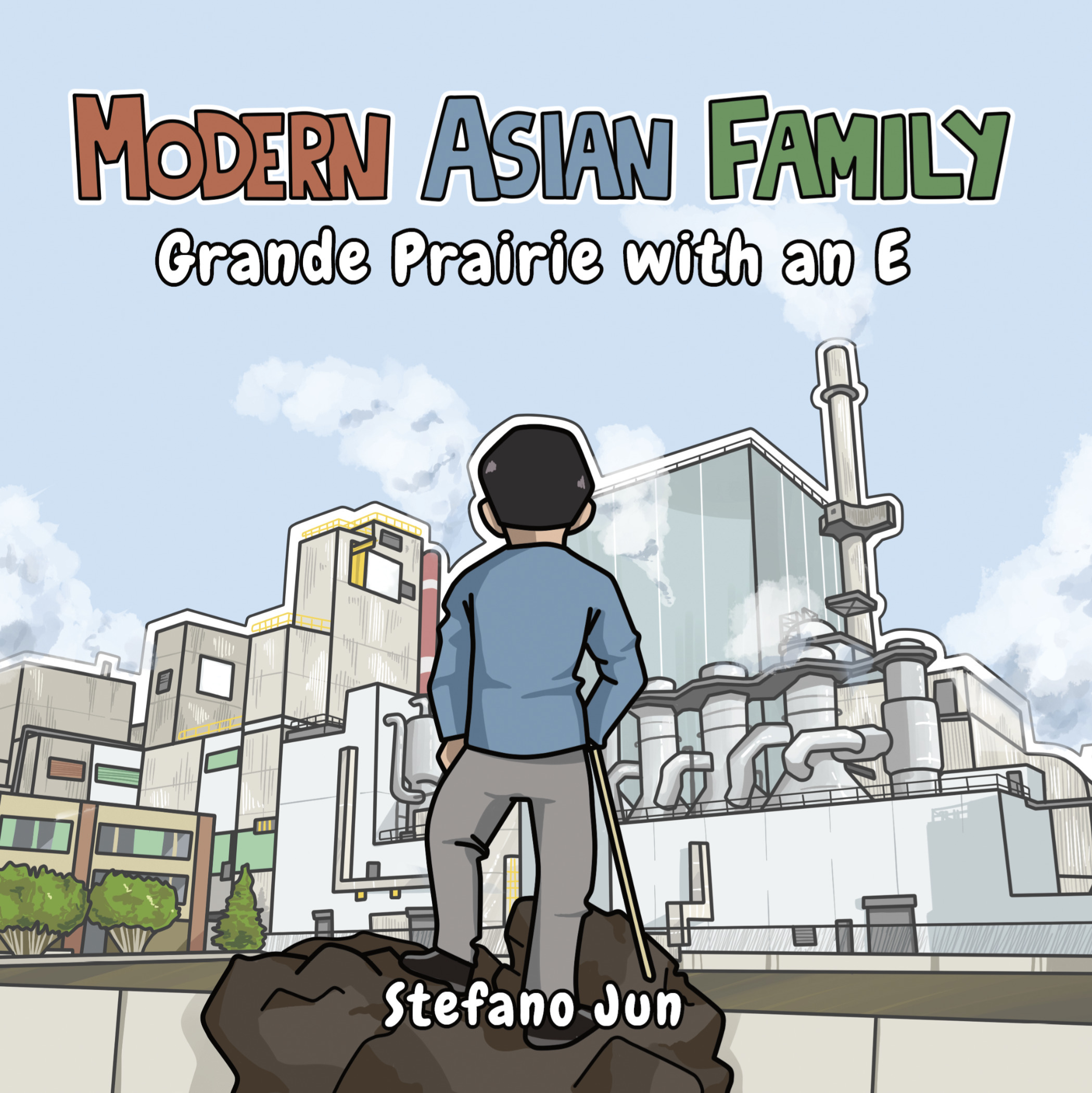 Stefano stands with his back to us, looking at a paper mill in Grande Prairie, Alberta